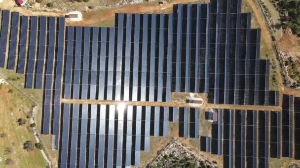 Aerial Drone View Solar Panels Installed Mountain Land Solar Energy — Stockvideo