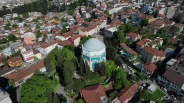 Drone view of green tomb square, drone view of historical green mausoleum and complex, ottoman-made architectural green tomb and mosque image