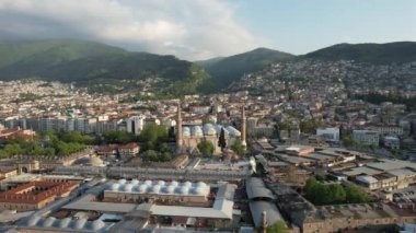 Aerial bursa ulu mosque, bursa grand mosque urban settlement drone view, important islamic architecture and monuments in turkey