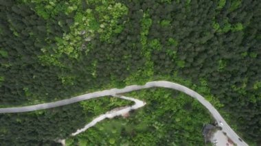 Drone off-roads green mountain, asphalt road built into the green wooded forest, beautiful green forests of bursa, turkish villages with a lot of green environment