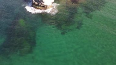 Aerial turquoise sea waters, view of clear sea waters, famous touristic coast of turkey, natural heritage, coastal woodland
