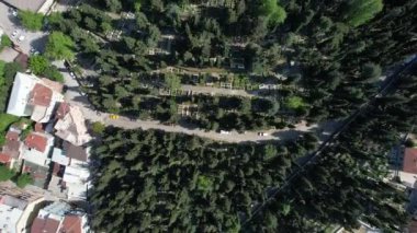 Aerial View Emir Sultan Mausoleum, drone view of old ottoman architecture structures of bursa city, bursa emir sultan square drone view