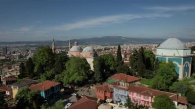 Aerial Of Bursa Green Tomb, bursa green complex and surrounding settlement drone view, drone view of historical places in bursa