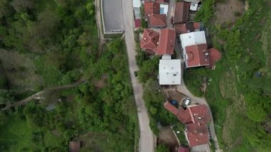 Asphalt Road In Green Forest, access road built into green countryside, road through village, rural area settlement drone view