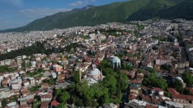 General View Of The Green Tomb, drone view around the green mosque and mausoleum, historical bursa city settlement drone view