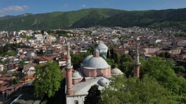 Aerial View Of The Green Tomb, bursa green mosque and tomb drone view, drone view of old historical buildings in bursa city