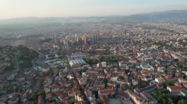 Aerial district of old inns, urban view of apartments and buildings, architectural differences of old and new settlement, aerial view of the city