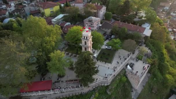 Aerial Bursa Tophane Clock Tower Drone View Historical Buildings Touristic — Vídeos de Stock