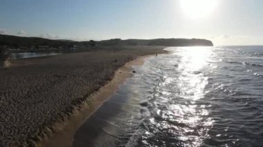Aerial Summer Holiday, sea sand sun themed summer vacation image, yellow beach with waves, immaculate holiday relaxation beach