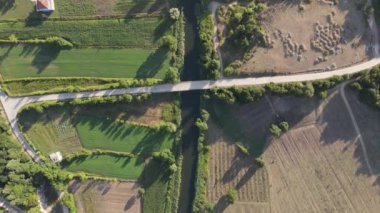 Aerial agricultural field, drone view of farmland with stream flowing through, creek separating forest and countryside, cultivated agricultural field