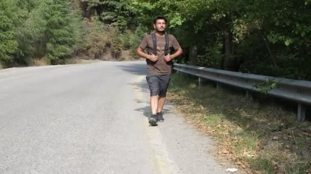 Backpackers Forest Activity Upptäcktsresande Natur Promenader Asfalt Runt Skog Helg — Stockvideo