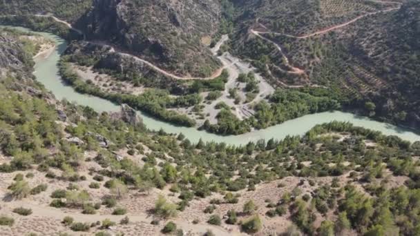 Meandering River Road Bochtige Rivierbedding Canyon Vallei Wilde Schoonheid Van — Stockvideo