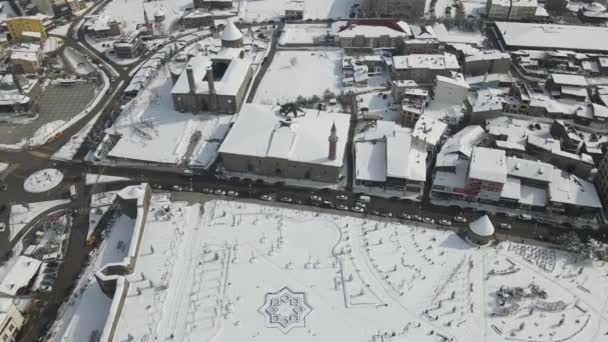 Aerial Drone View City Erzurum Snow Snow Covered View City — Stock Video