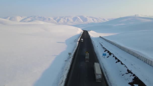 Vue Aérienne Camion Transportant Des Marchandises Traversant Une Route Enneigée — Video