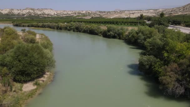 空中河岸人居 溪床中的水流 河流周围的农业区 绿地农田中的水流 — 图库视频影像