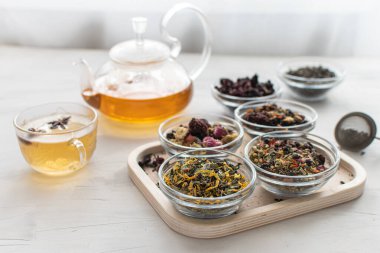 Cam bardak, sıcak çay ve cam tepsinin yanındaki parlak bir masada çaydanlık. Beyaz arka planda değişik çeşitlerde bitki çayı. Bağışıklığı güçlendirmek için lezzetli ve sağlıklı bir içecek. 