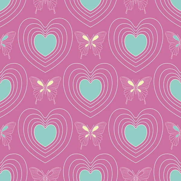 Seamless hearts pattern with butterflies on the violet-pink background — Stock Vector