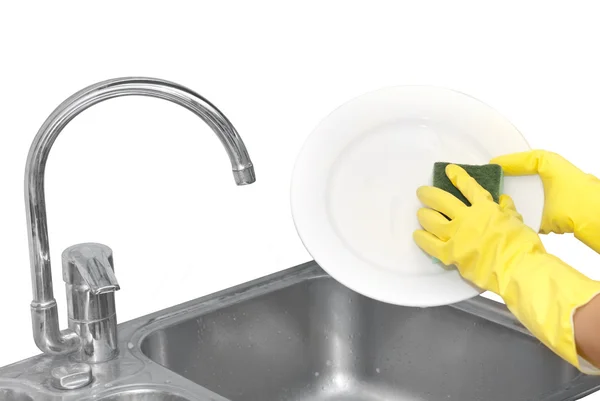 Hands in household gloves — Stock Photo, Image