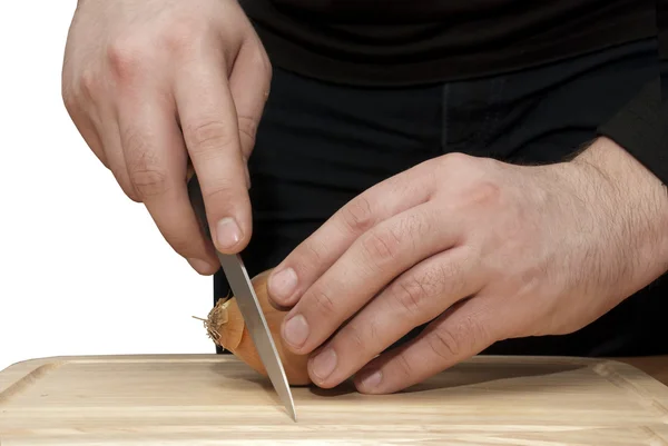 Men hands cut onion — Stock Photo, Image