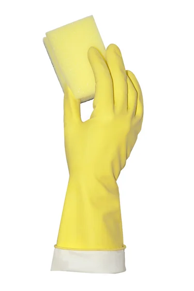 Yellow glove holds profiled sponge — Stock Photo, Image