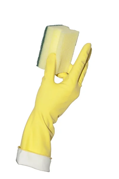 Guante amarillo sostiene esponja — Foto de Stock