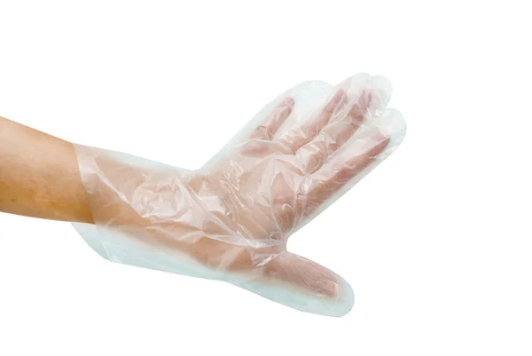 Guante desechable transparente en la mano — Foto de Stock