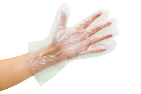 Luva descartável transparente na mão — Fotografia de Stock
