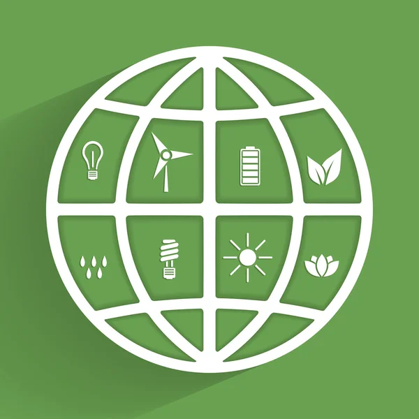 Groene planeet met eco-pictogrammen — Stockvector