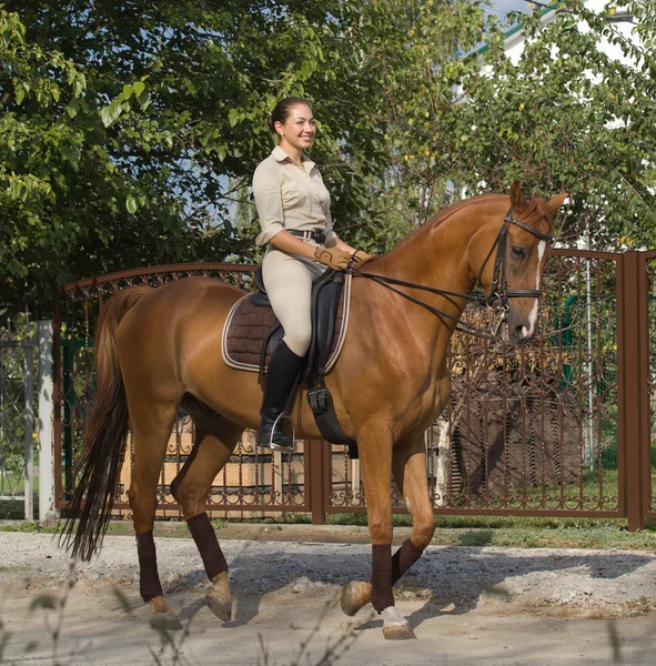 Beautiful smiling women riding a brown horse in countryside. — Stock Photo, Image