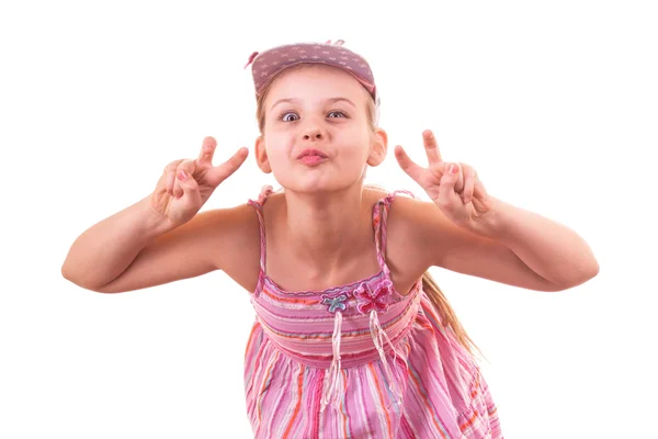 Pretty young girl plays on a white background — Stock Photo, Image