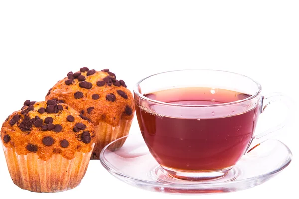 Cup of tea and muffins on white isolated — Stock Photo, Image