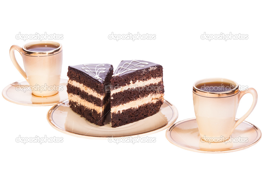 Two cake on a plates with Two cups of coffee on white isolated