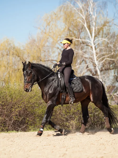 Ung kvinna tränar en häst — Stockfoto