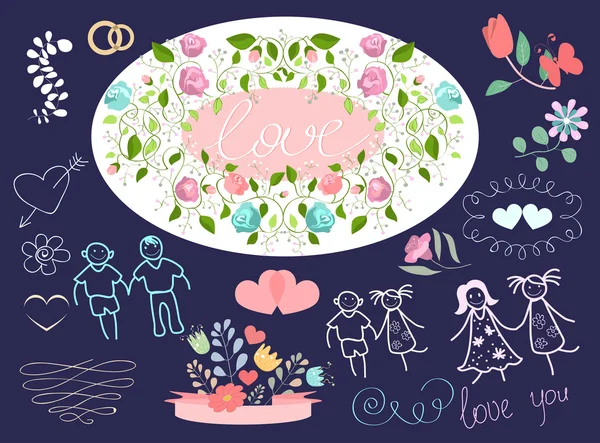 Ensemble d'icônes de mariage, bordure florale — Image vectorielle