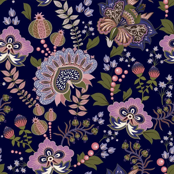 青い花のファンタジーパターン 装飾花とダークインドのバティック インドのファンタジー壁紙 手描きの植物の背景 装飾的なイラスト カラフルなインドの壁紙 インドネシア Print — ストックベクタ