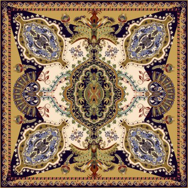 Design for shawl, square print, wrap, interior mat, bandana. Square indian ornament. Symmetrical luxury arabian motif. design for carpet, tapis, mat.