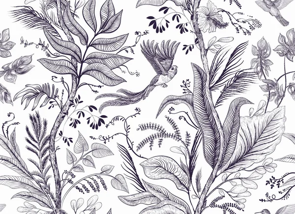 Seamless pattern Toile de Jouy with birds and plants. Light tropical wallpaper. Monochrome nature background. Provence vintage decoupage.
