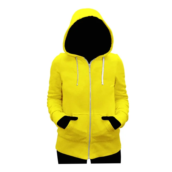 A high resolution Cute Female Hoodie Mockup In Blazing Yellow Color to help you present your cap designs beautifully.