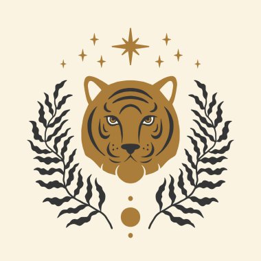 Kaplanın kavramsal estetik tasviri, palmiye yaprakları ve yıldızlar boho tarzında. Tişört baskısı, iç dekorasyon, duvar sanatı, çanta, poster..