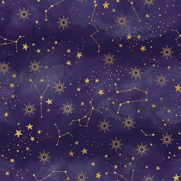 Starry Night Seamless Pattern Hand Drawn Background Celestial Objects — Foto Stock