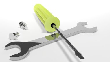 Araçlar - tornavida, İngiliz anahtarı ve fındık ile vida