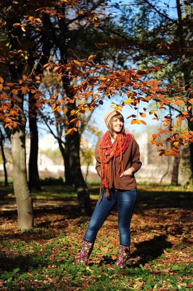 Dívka na podzim listí. — Stock fotografie