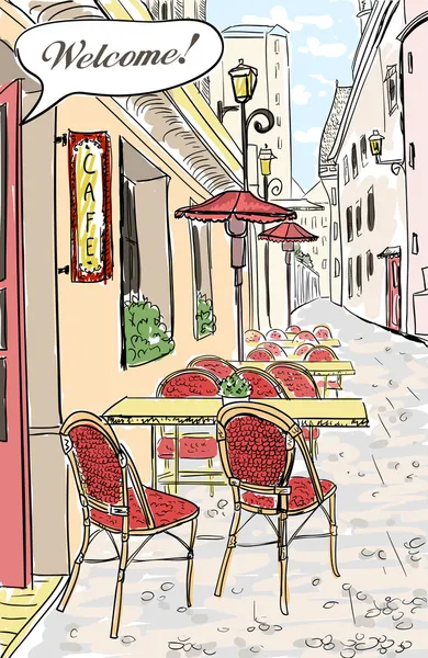 Straat café schets illustratie. — Stockvector