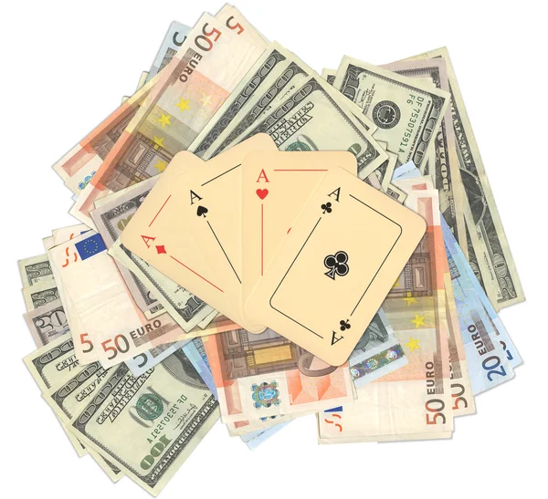 Aces on a heap of money — Stock Photo, Image