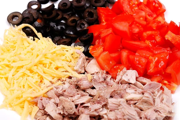 Olives, cheese, meat and tomato — Stock Photo, Image