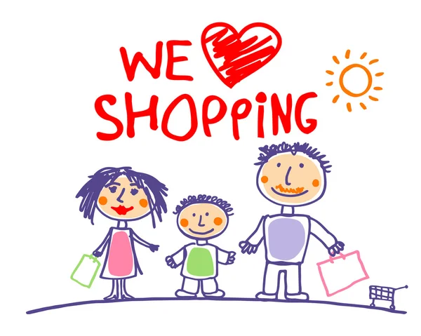 Vi älskar shopping illustration med familj. — Stock vektor