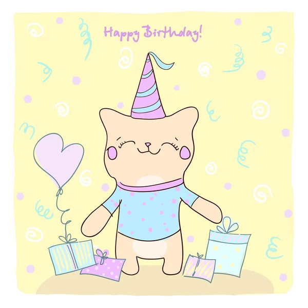Tarjeta de cumpleaños con gatito lindo y regalos . — Vector de stock