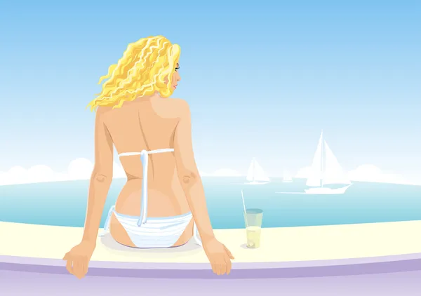 Hermosa chica sentada en una playa . — Vector de stock