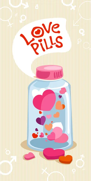 Love pills in bottle. — Stock Vector