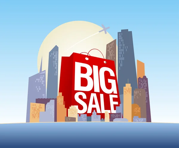 Big sale shopping bag in city. — Stock Vector